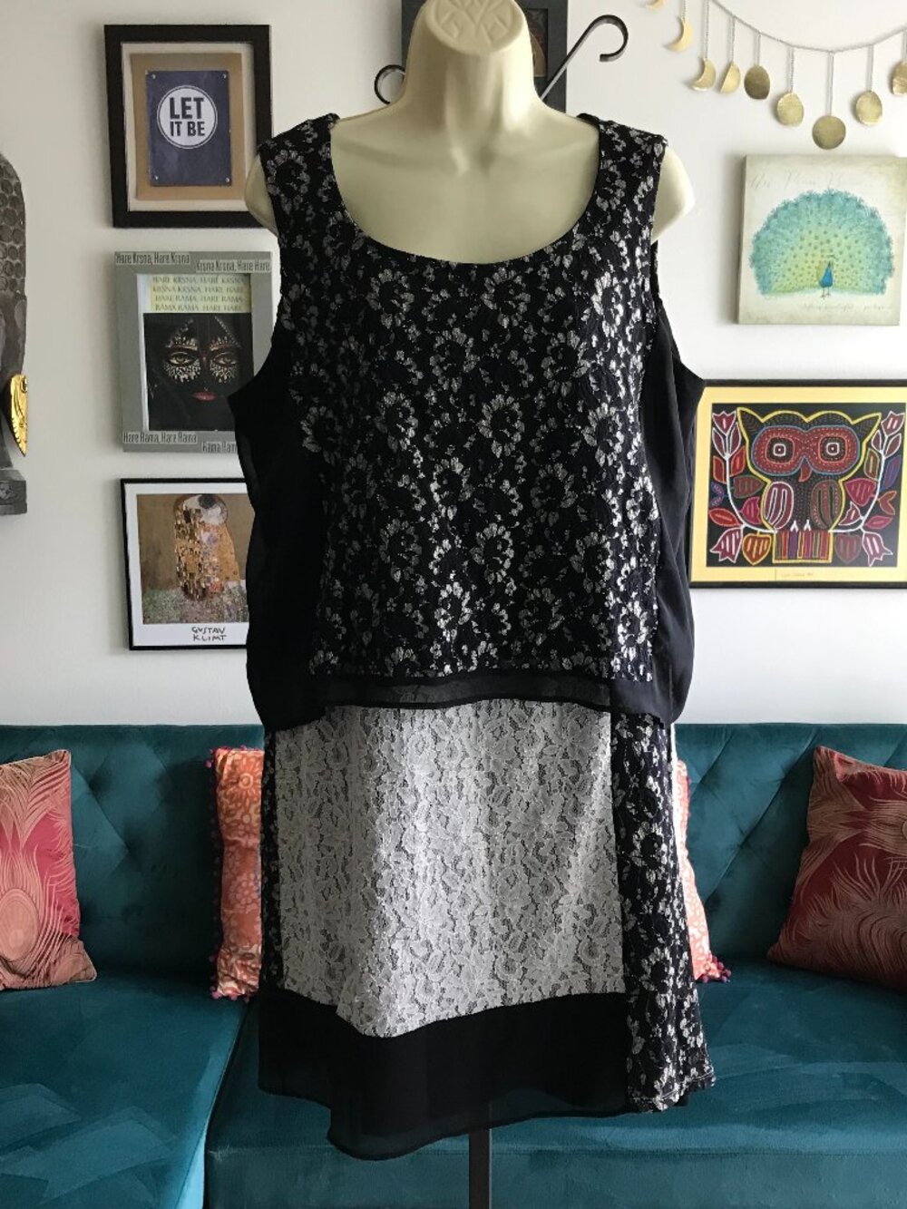 STYLE & CO size L Sleeveless Black & Gray Lace Patchwork Stretch Layered Dress